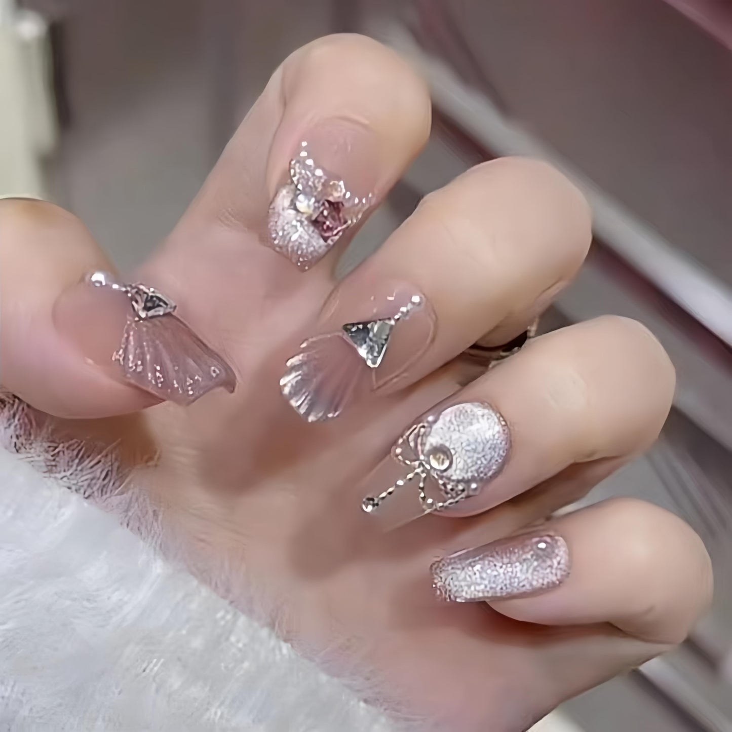 NLSJMP, 10Pcs,Size M, Handmade Long Press on Nails Ombre Balerina Acrylic Fake Nails Kit,3D Glitter Pearl Design Nail Art Kit,Reusable False nails,Include Toolkit,Elegent