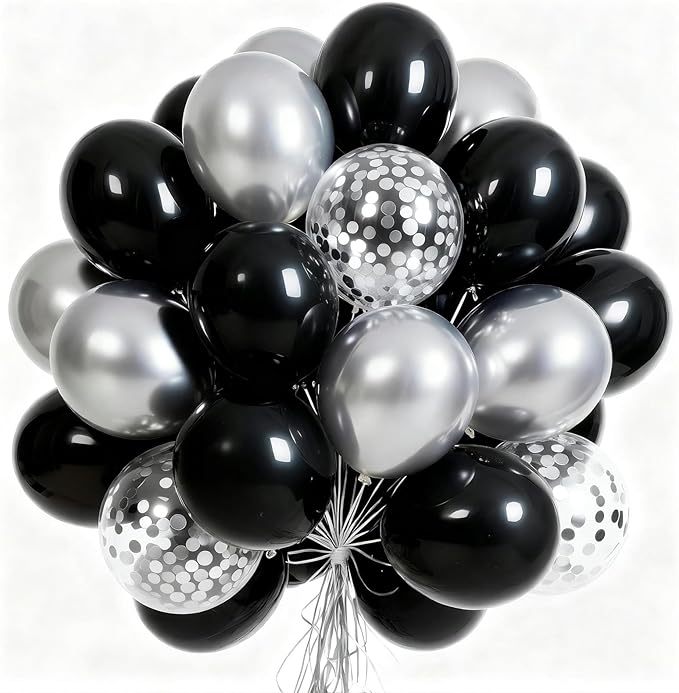 PartyWoo Black and Silver Balloons 65pcs 12 Inch Matte Black Metallic Chrome Silver Confetti Balloons for Graduation Baby Shower Men Birthday Wedding Anniversary New Year's Eve Party Decorations