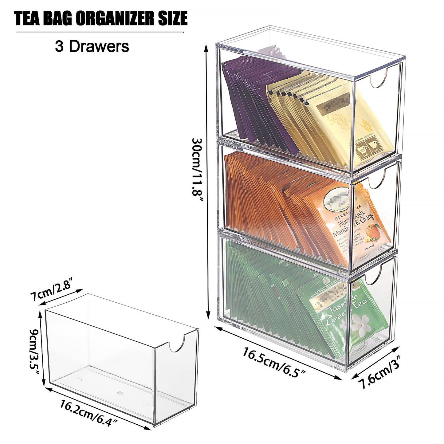 ELLDOO 3 Drawers Tea Bag Organizer, Clear Acrylic Stackable Tea Bag Storage Holder for Kitchen Pantry, Coffee Pod Snack Storage for Countertop Cabinet