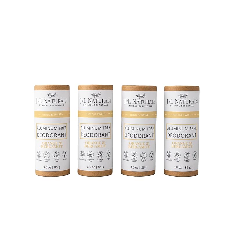 J&L Naturals Aluminum Free Deodorant for Men & Women | 100% Natural Ingredients With Coconut Oil, Shea Butter, & Essential Oils | Sustainable, Eco-Friendly (Orange & Bergamot, 3.0 Oz (Pack of 4))