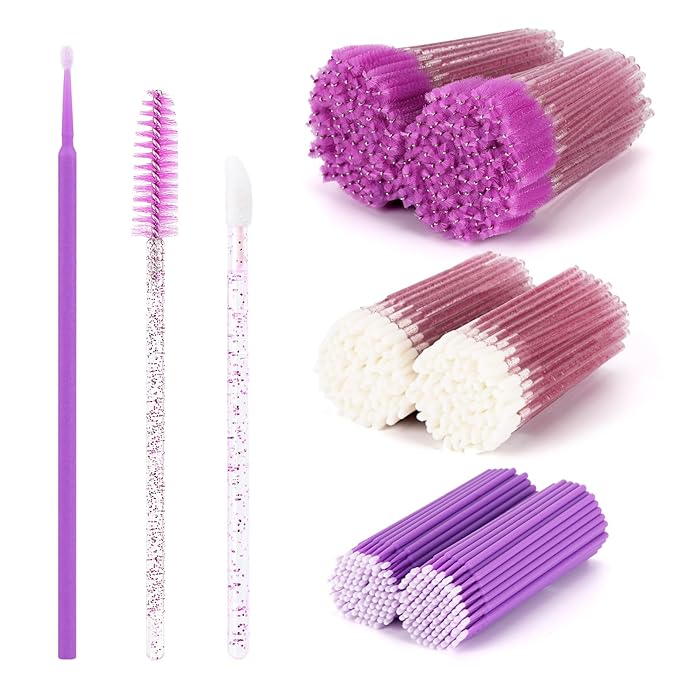 600 PCS Eyelash Extension Supplies Kit, 200 Spoolies Mascara Wands Disposable 200 Lip Brushes 200 Micro Swabs Purple Eyelash Brushes Makeup Applicator Tool