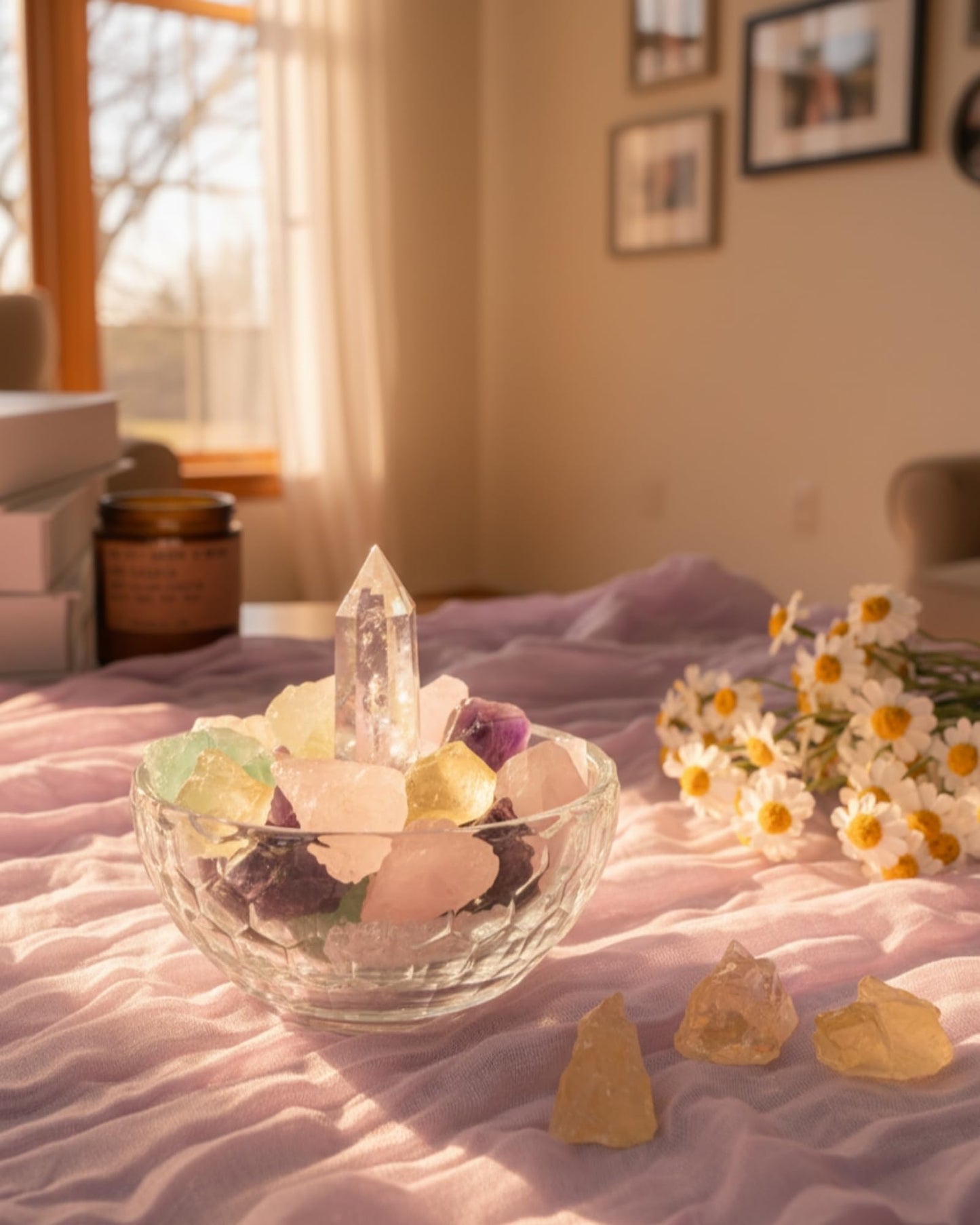 VELNORIX Crystal Decor Bowl Set – 4" Glass Cleansing Bowl with Real Healing Crystals: Clear Quartz Tower, Amethyst, Rose Quartz, Citrine & Fluorite – Meditation Decor & Spiritual Gift Box