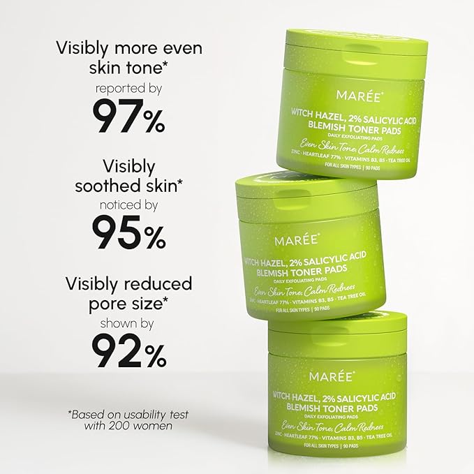 MAREE Blemish Toner Polishes - Daily Facial Radiance Toner Polishes - Witch Hazel Acne Face Toning Pads - Acne Skin Care with BHA Salicylic Acid - Cleansing Pad for Face - Blemish Clearing Wipes