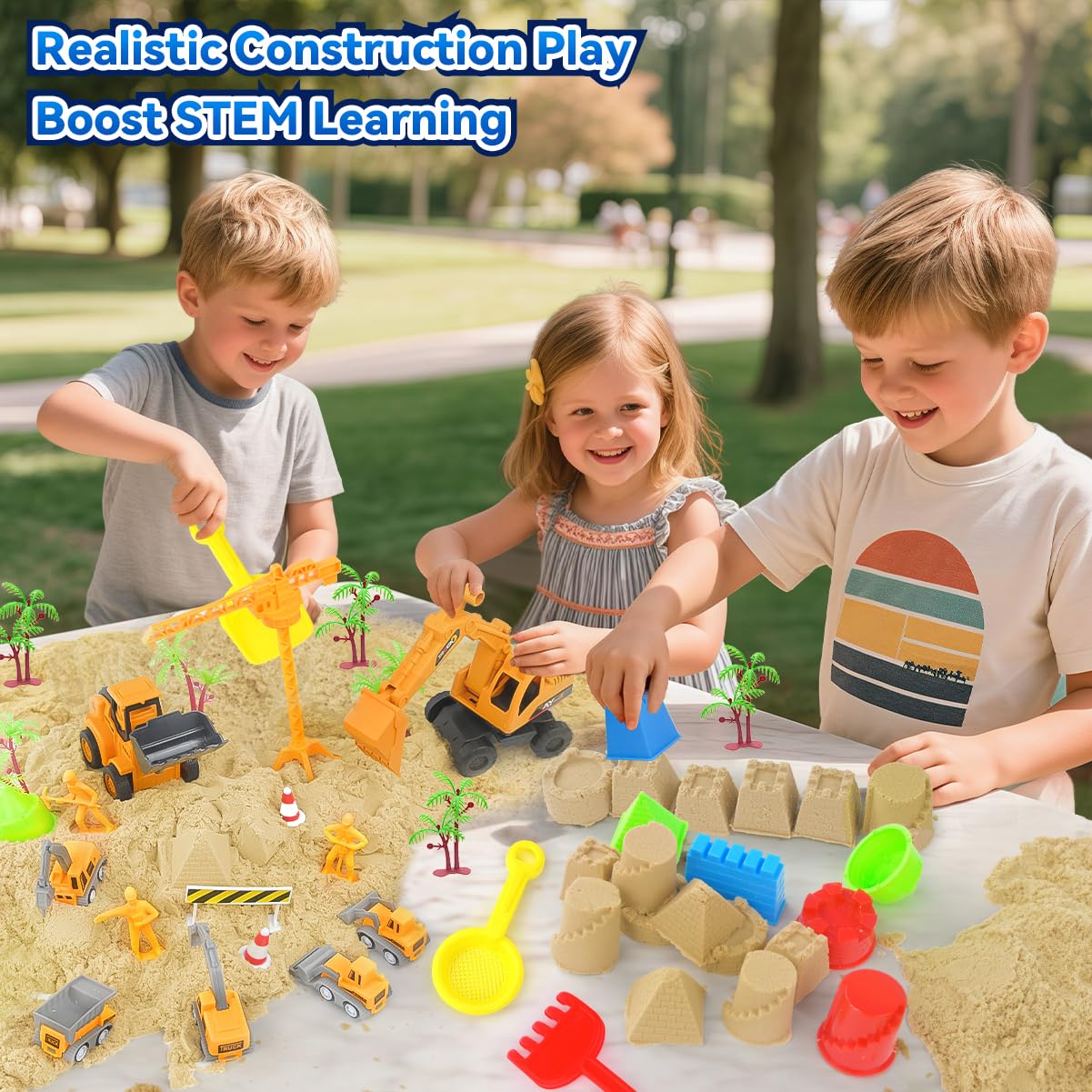 Sensory Beach Toys for Toddlers - 44PCS Sand Construction Kit with 8 Trucks, Foldable Sandbox, 2.7lbs Magic Sand, Crane, Signs, Molds, Shovel – Outoor Toys for Boys & Girls Ages 3+