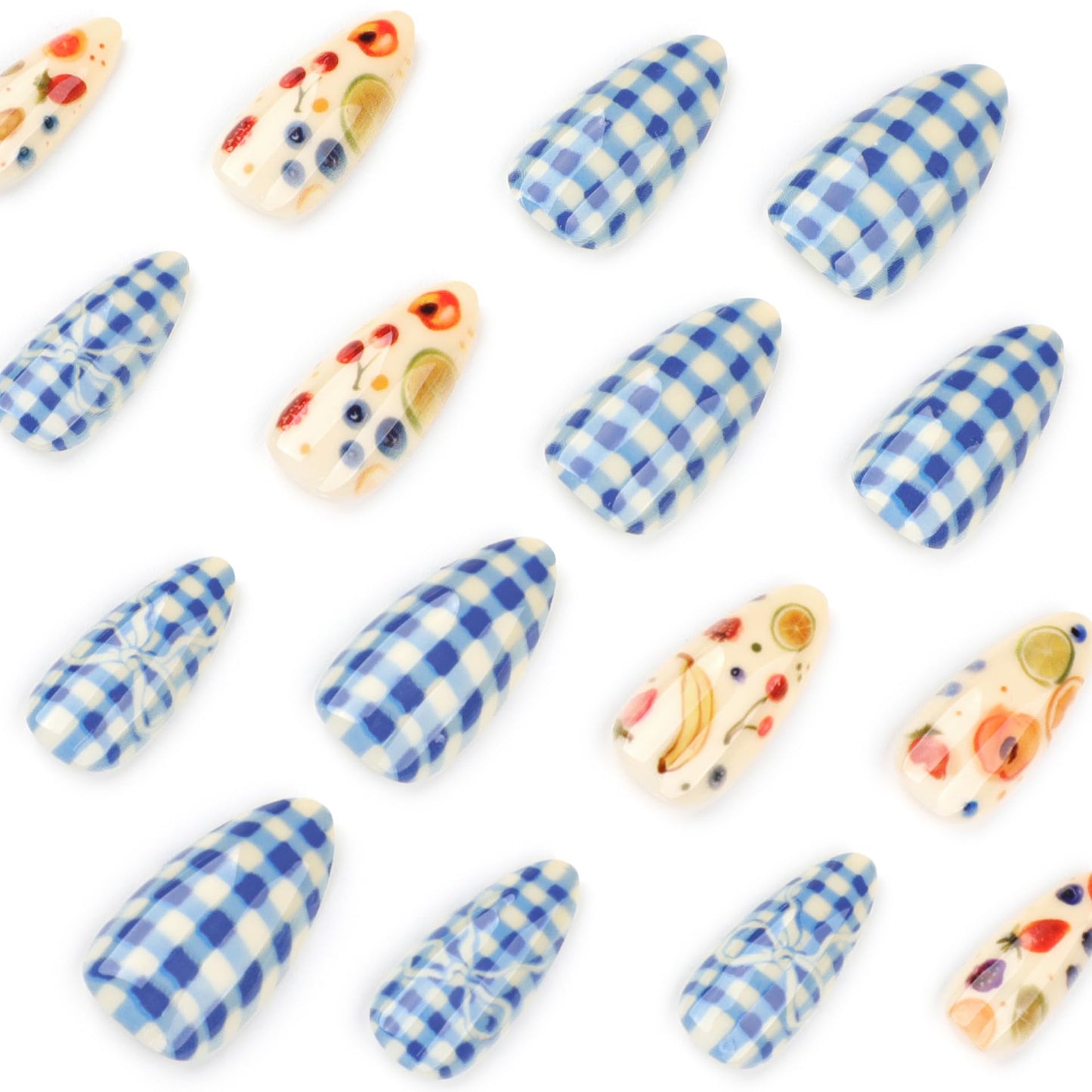 IMRAIN Almond Press on Nails Medium Fake Nails with Blue Plaid Designs Summer Cute Fruit Glossy Acrylic False Nails Full Cover Artificial Glue Stick on Nails for Women Girls