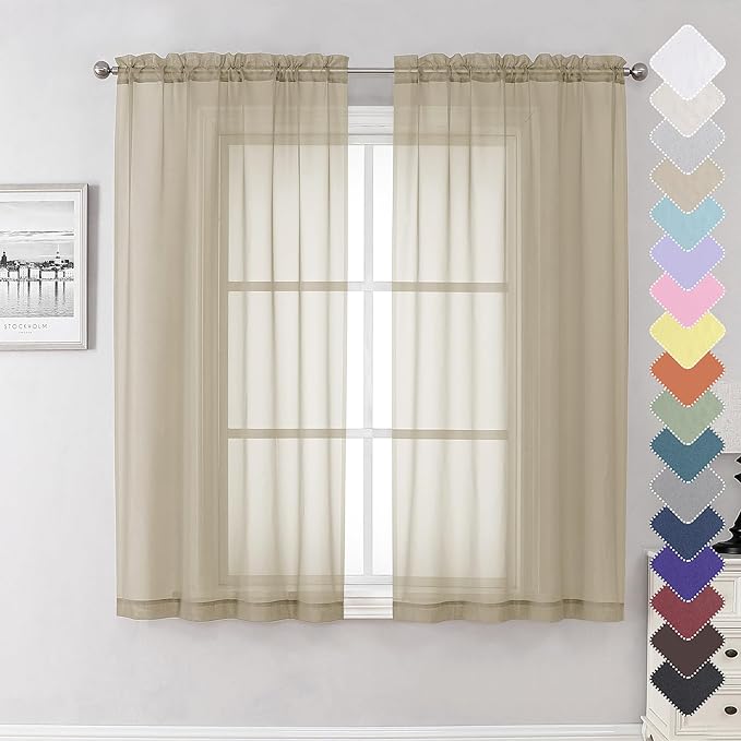 Lecloud Taupe Sheer Curtains 63 Inch Length 2 Panels, Airy & Breathable Solid Voile Tan Bedroom Drapes with Dual Rod Pockets, Gauzy Farmhouse Living Room Window Treatments, 40" W x 63" L