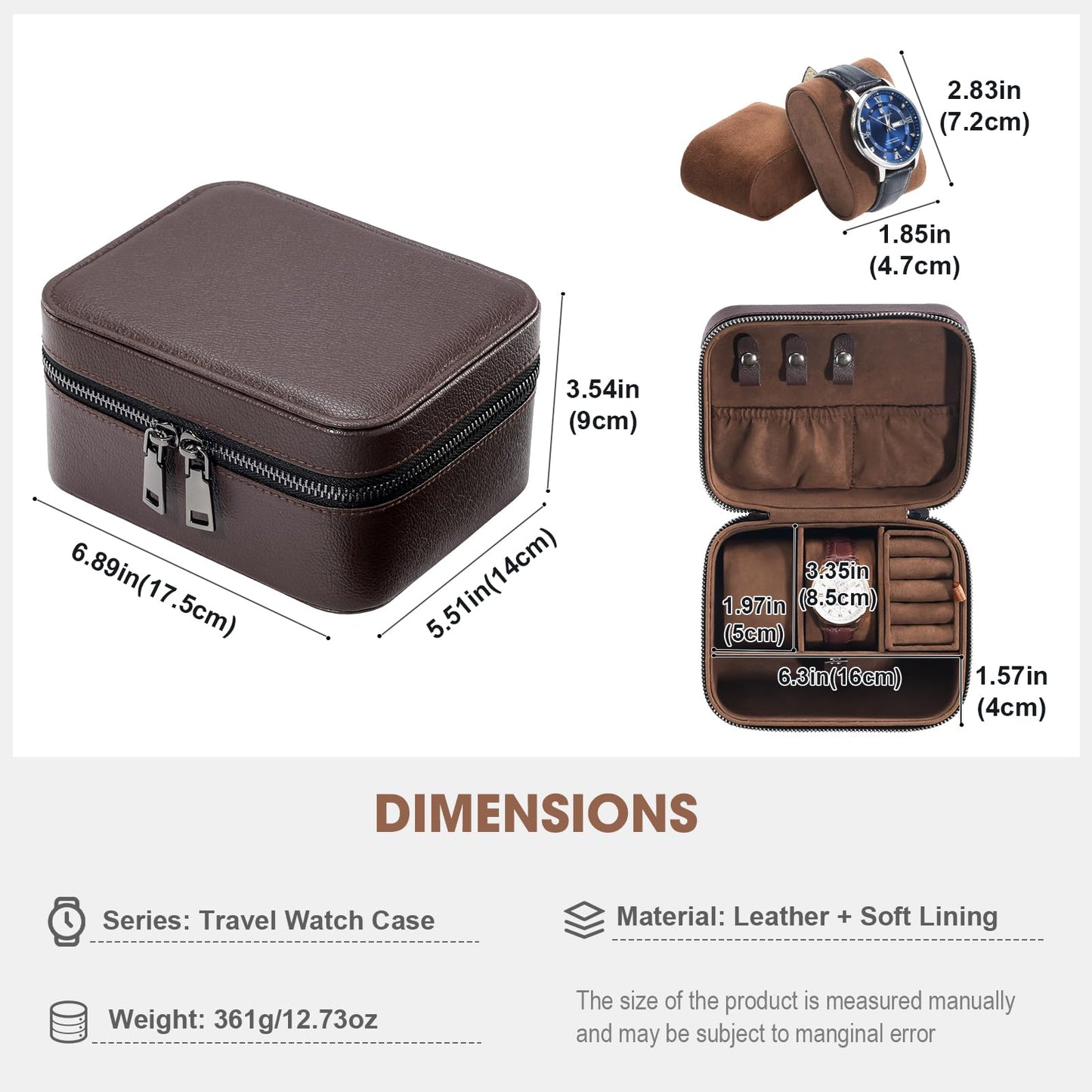 ProCase Travel Watch Case, 2 Slots PU Leather Mens Jewelry Box, Portable Watches Cufflinks Accessories Storage Case, Zippered Carrying Organizer Bag for Man, Valentine's Day Gift -Brown