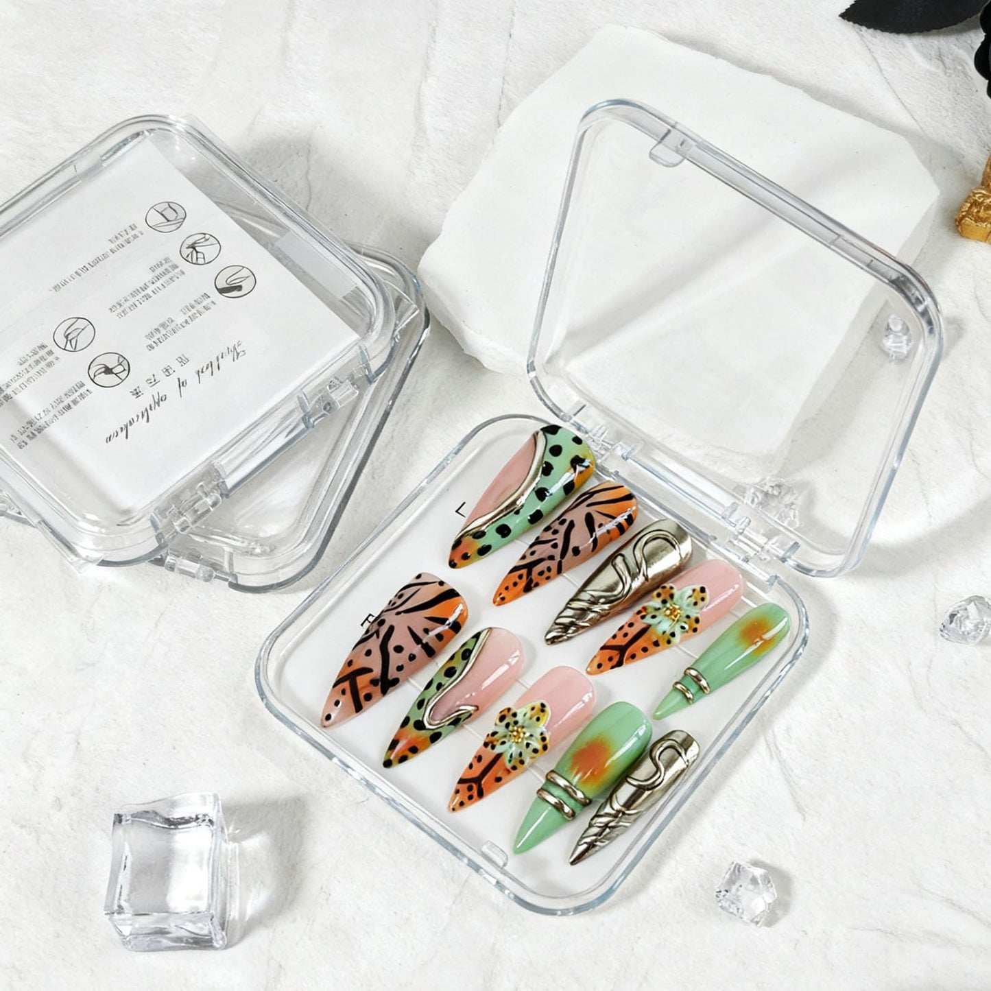 10 Pcs Handmade Acrylic Press on Nails Long Stiletto Fake Nails with Design 3D Flower Leopard Print French Tip False Nails Artificial Full Cover Glue on Nails for Women - Size M