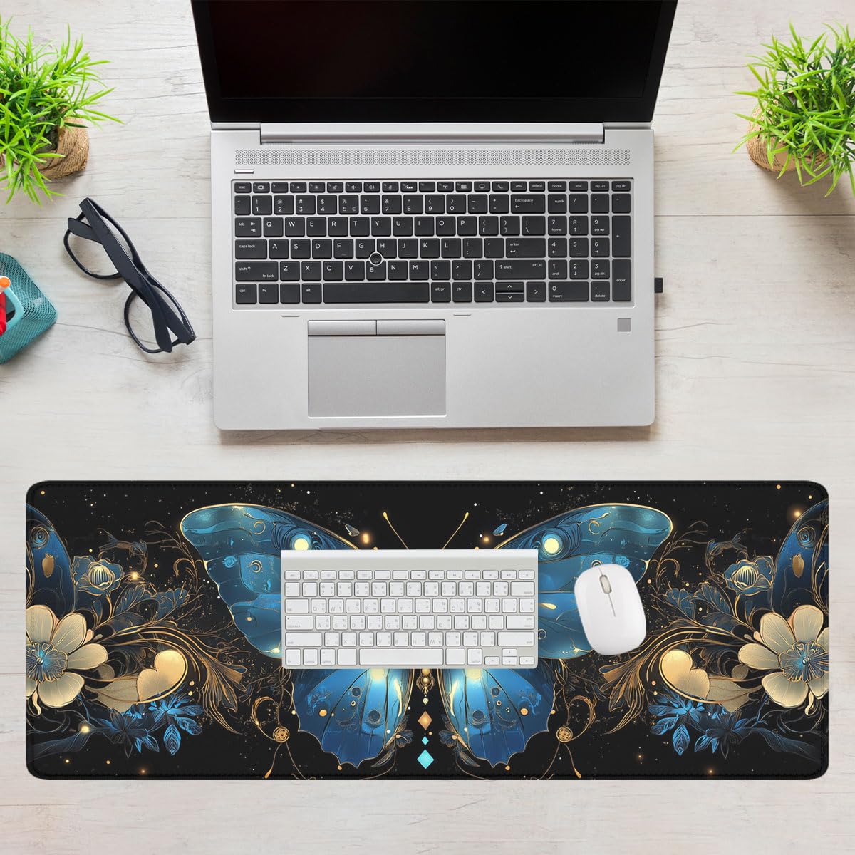 Blue Butterfly Gaming Mouse Pad Gorgeous Wings Fantasy Butterfly Large Gaming Mouse Mat with Stitched Edges,Non-Slip Waterproof Rubber Base Mous Mat 31.5x11.8 in