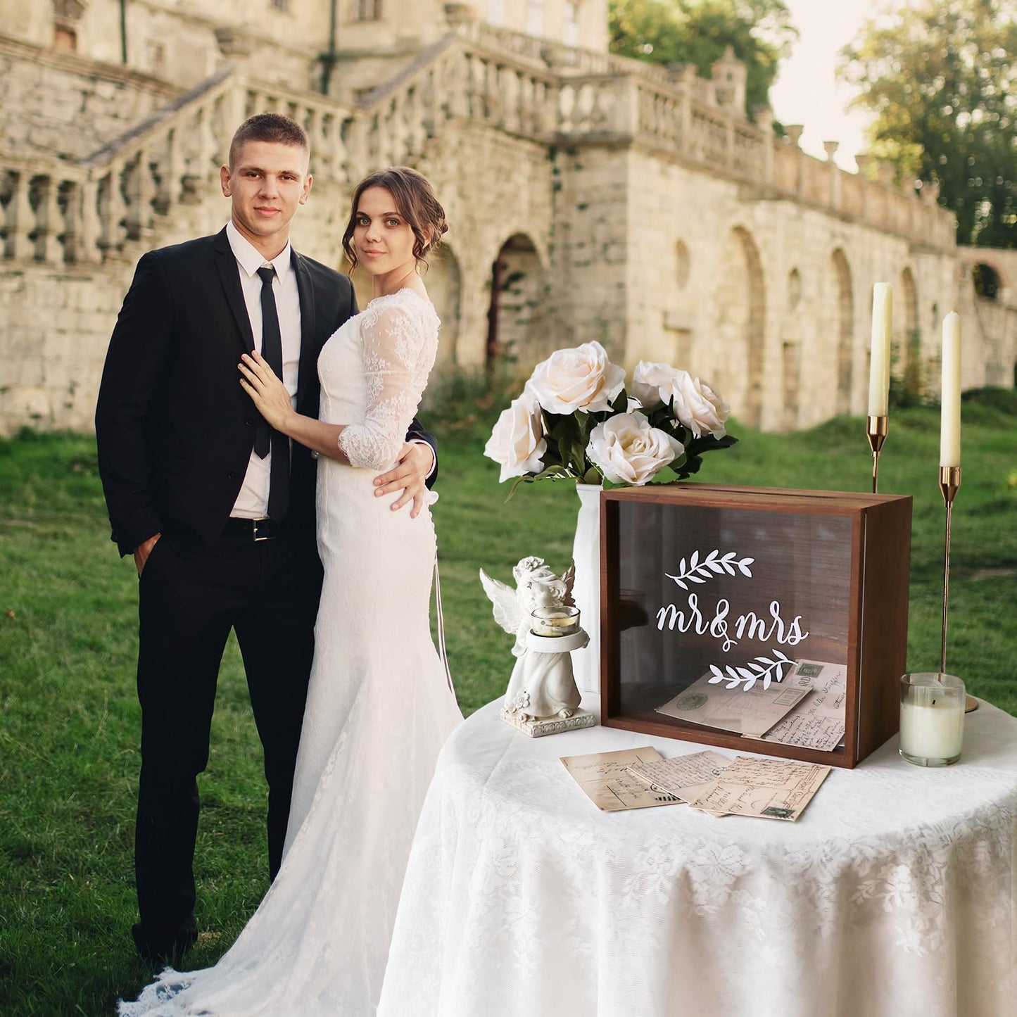 OurWarm Wooden Wedding Card Box with Slot, Money Gift Card Box for Wedding Reception, Rustic Envelope Card Box Storage for Party, Birthday, Graduation, Baby Shower, Honeymoon Funds, Wedding Gift