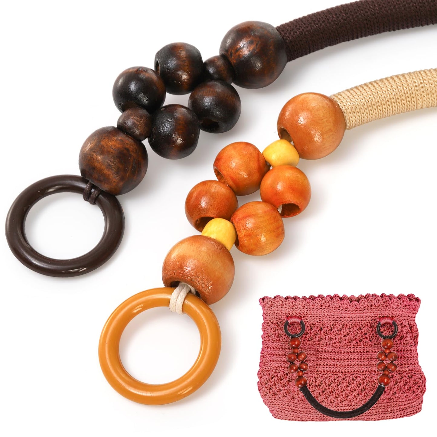 Jucoan 8 PCS Wooden Beaded Purse Handles, 4 Colors Rustic Bead Purse Strap Handles Replacement, 18.5 Inch Nylon Bag Handles with Beads and Rope for Summer Beach Bag Macrame Crochet Bag DIY Supplies