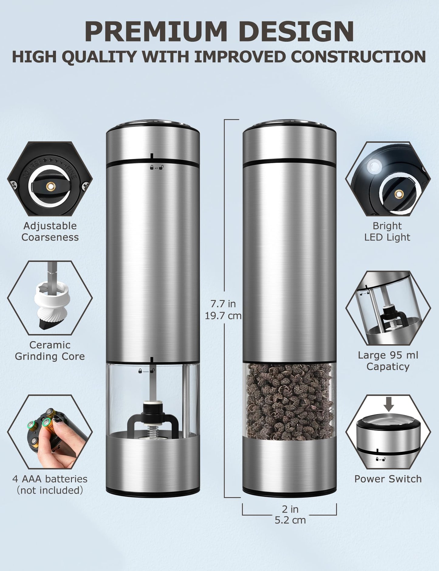 innhom Electric Salt Grinder Pepper Grinder Battery Operated Stainless Steel Pepper Mill Automatic Salt and Pepper Grinder with Adjustable Coarseness, 1 Pack