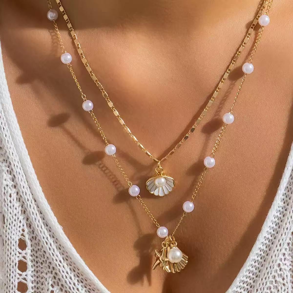 Shell Necklaces for Women 14k Gold Plated Layered Starfish Conch SeaShell Pearl Pendant Charm Necklace Adjustable Stainless Steel Chain Summer Beach Jewelry (Gold Shell)