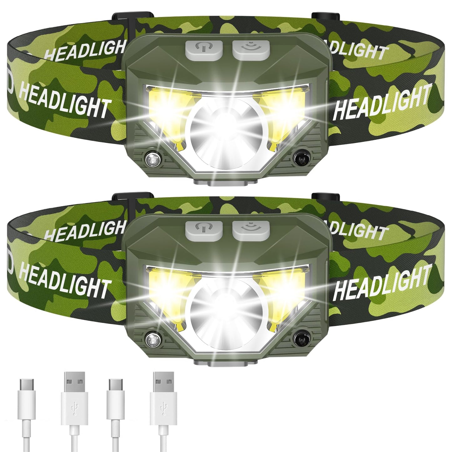 LHKNL Headlamp Flashlight, Lumen Ultra-Light Bright LED Rechargeable Headlight with White Red Light,2-Pack Waterproof Motion Sensor Head Lamp,8 Mode for Outdoor Camping Running Fishing- Green