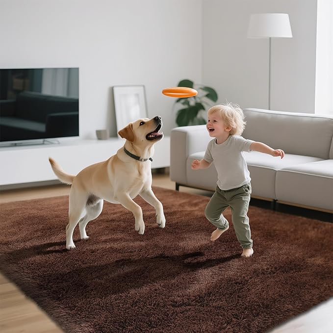 Shag Area Rugs for Bedroom Living Room,8X10 Ultra Soft Fluffy Area Rugs for Dorm, Indoor Carpet Nursery Rugs for Kids Girls Room Home Decor,Brown