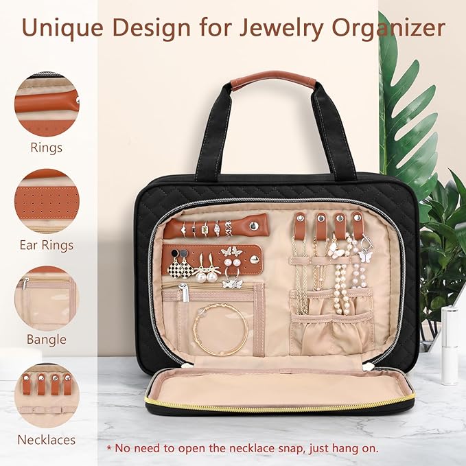 Wedama Toiletry Bag for Women, Hanging Travel Toiletry Bag with Jewelry Organizer Compartment Medium Makeup Bag, PVC Waterproof Cosmetic Travel Bag Trips Camping Bathroom, Black+Brown
