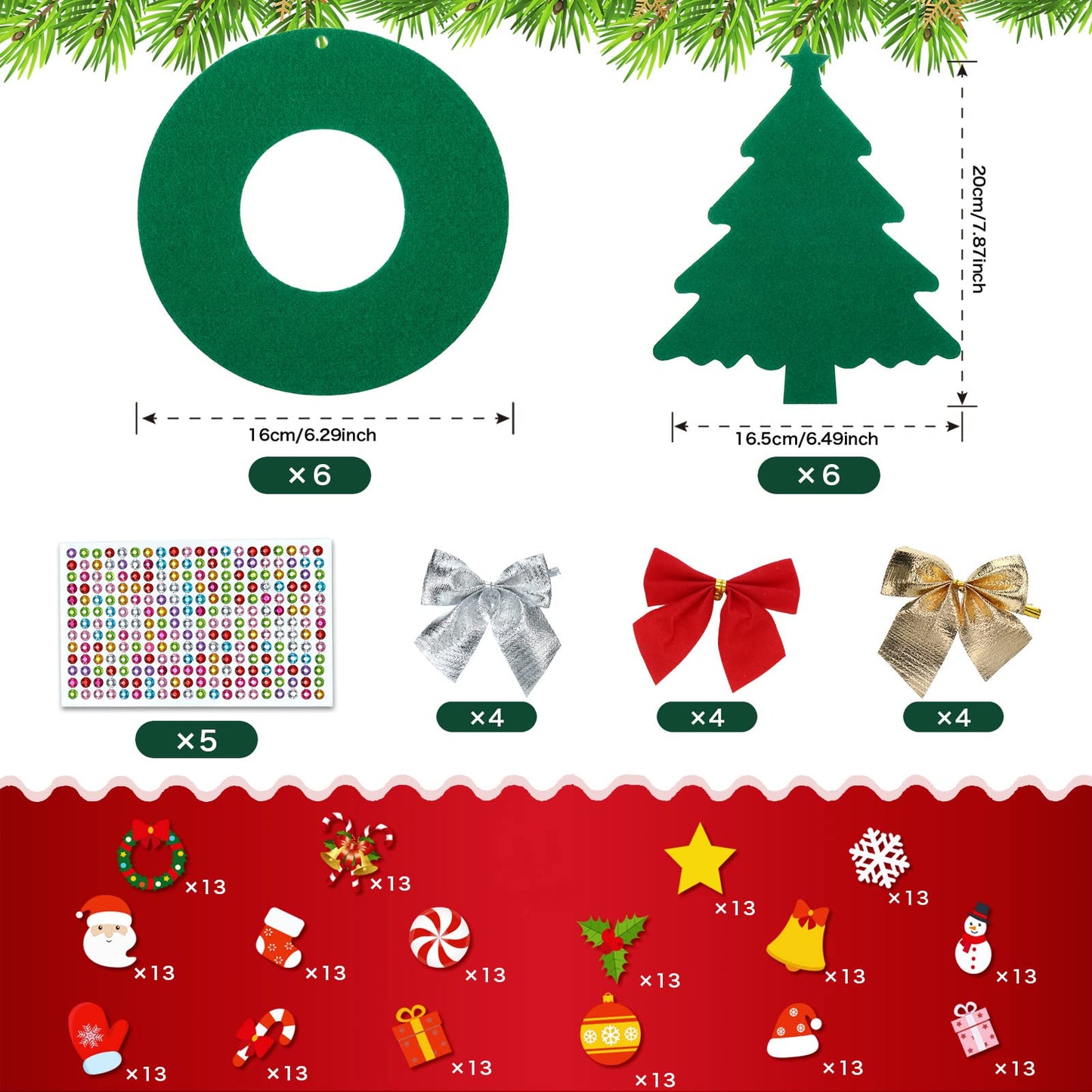 Tatuo 12 Pcs Felt Christmas Tree Wreath Decorating Craft Christmas DIY Ornaments Making Kit with 221 Self Adhesive Felt Stickers 12 Bows and 5 Gem Stickers (Wreath Style and Trees Style)