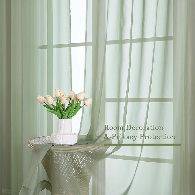 Lecloud Sage Green Sheer Curtains 90 Inches Long 2 Panels, Light Filtering Airy Voile Curtain Drapes, Dual Rod Pocket Extra Wide Elegant Window Treatments for Living Room Bedroom, 59" W x 90" L