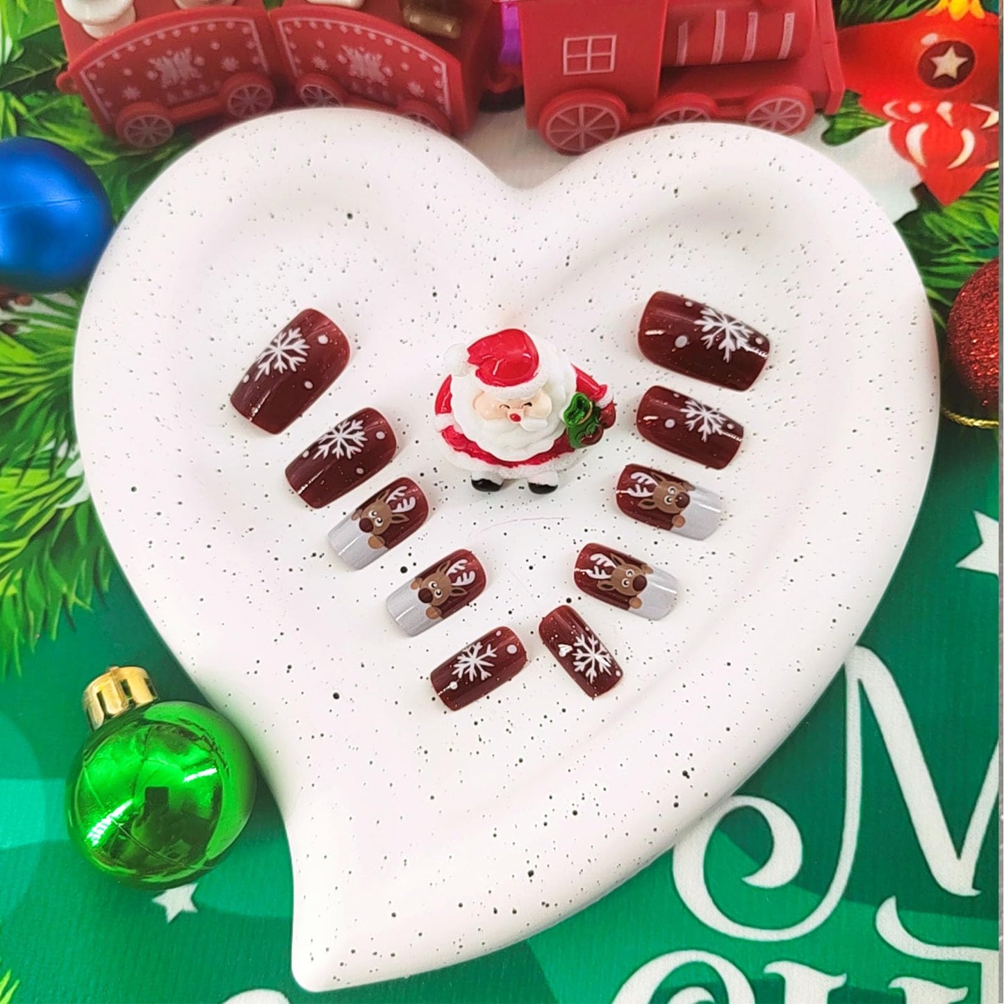 Christmas Red Press on Nails Medium Square Fake Nails Winter Xmas Glue on Nails Snowflake Elk Nails Press ons Glossy Stick on Nails Christmas Acrylic Nails for Women 24 Pcs