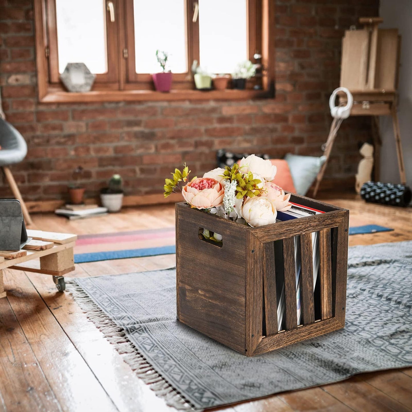 yarlung Wood Storage Bin Cube Wood Crate with Handles, Rustic Brown Decorative Box, Stackable Shelf Basket Books Organizer for Closet, Bookcase, 12"x12"x11", Easy Assembly