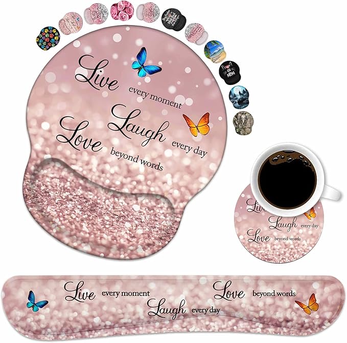 Keyboard Wrist Rest and Mouse Pad Wrist Support Set with Coasters, Non-Slip PU Base Ergonomic Gaming Mousepad for Home Office Working Studying Easy Typing & Pain Relief, Glitter Quote Live Laugh Love