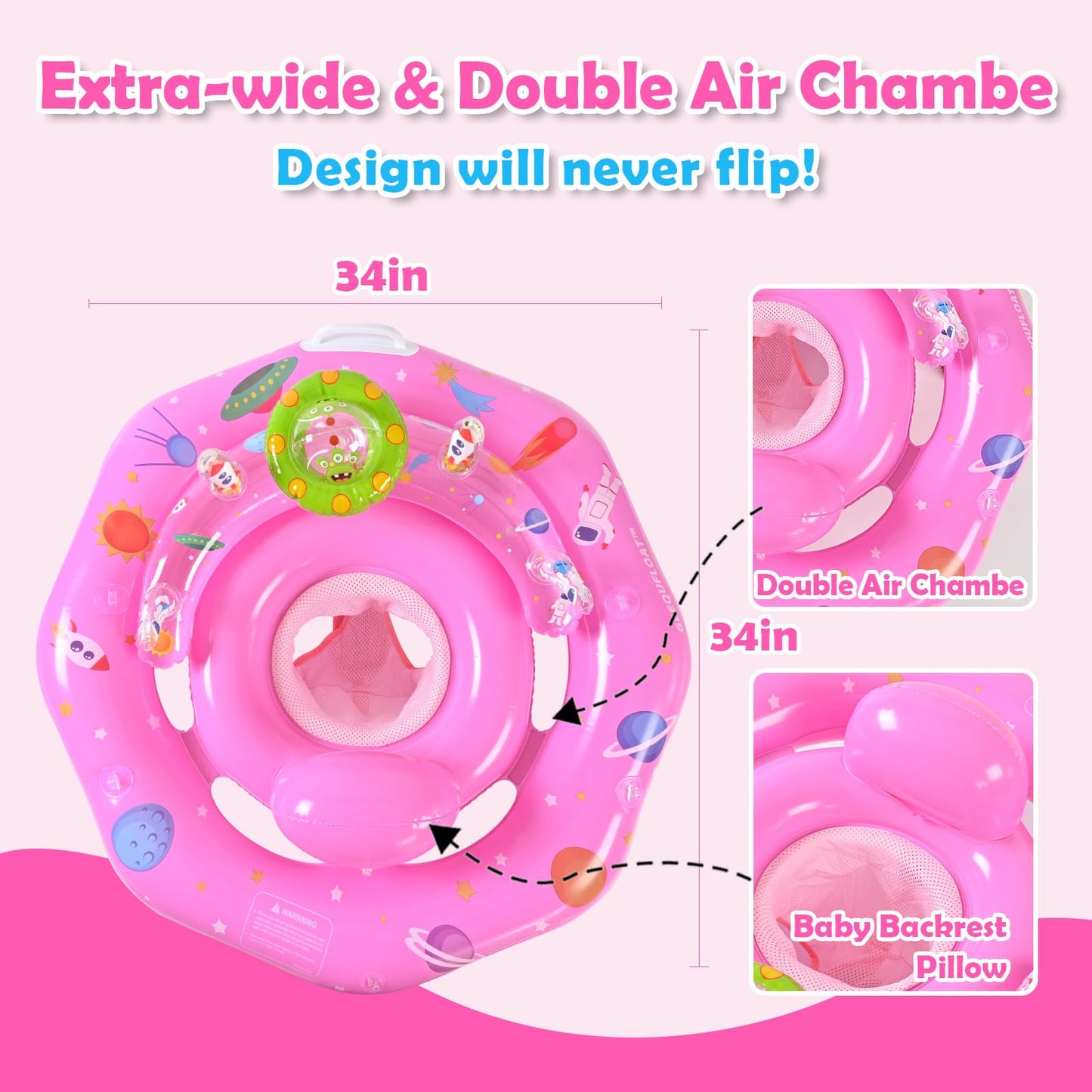 Baby Pool Float with Canopy UPF50+ Sun Protection, Inflatable Infant Pool Float with Adjustable Safety Seat & Toy Play Console，Baby Floatie for 6-36 Months Boys & Girls，Safety Handles & Leashes（Pink）