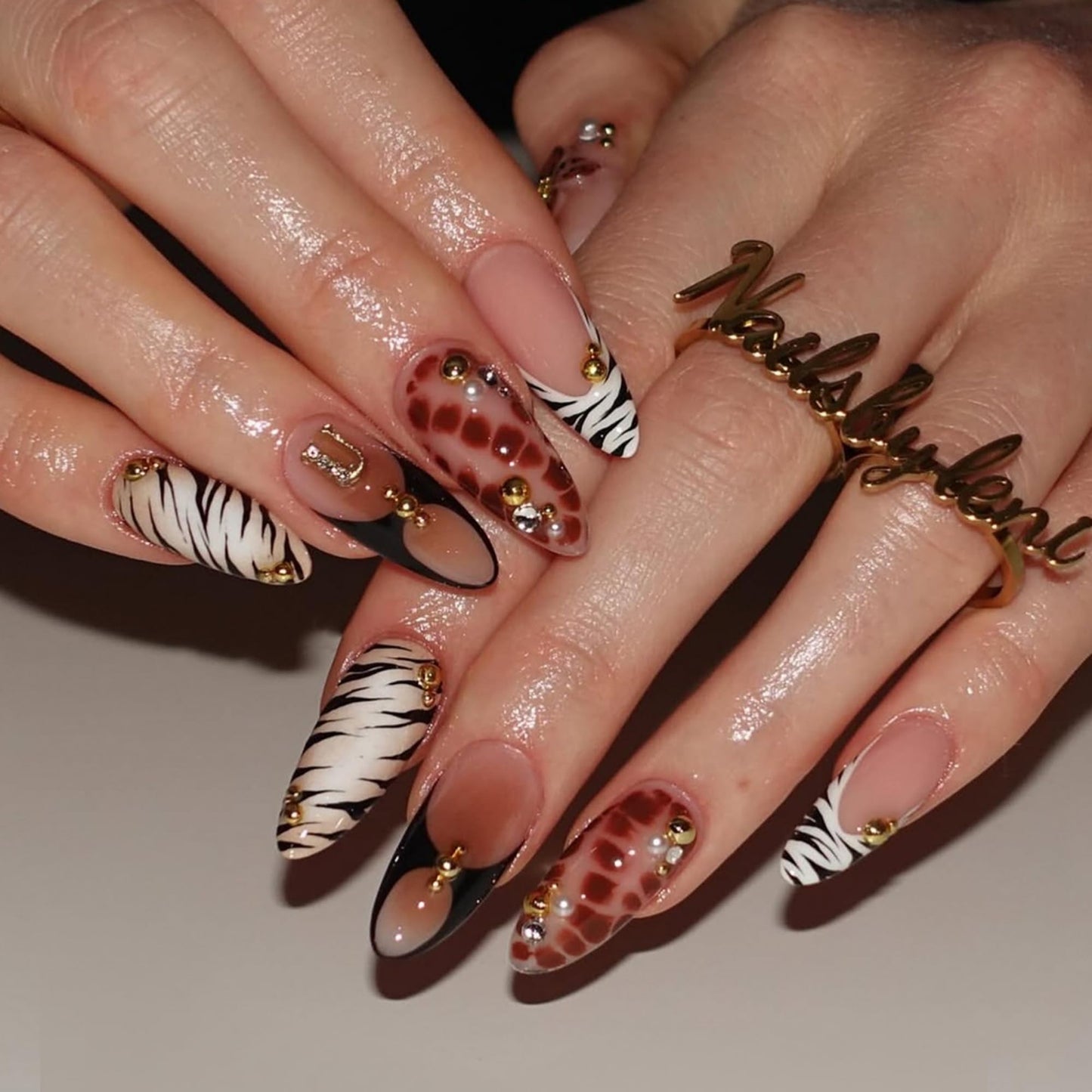 Medium Almond Press on Nails Brown Leopard Stick on Nail for Women 24pcs