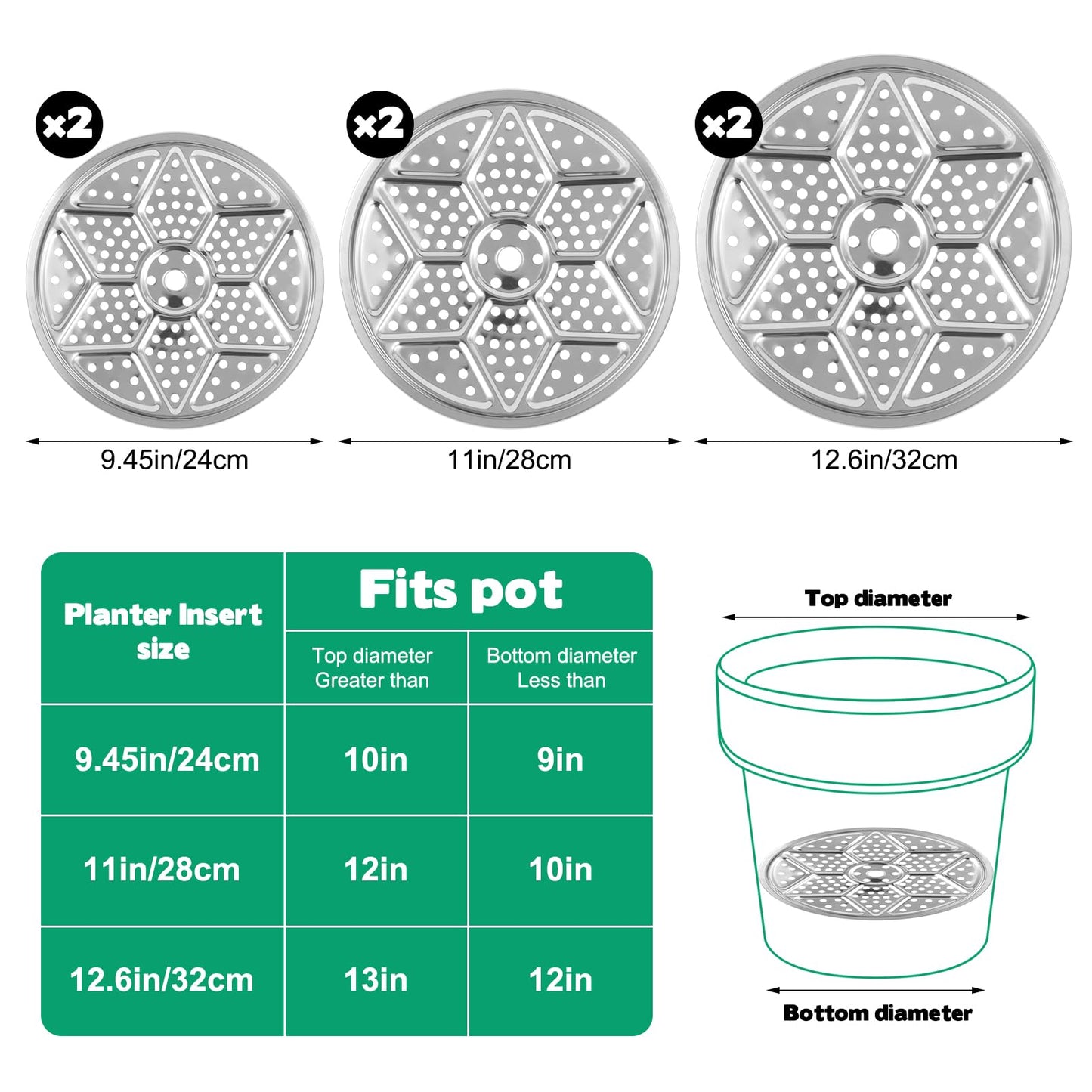 6 Pack Round Planter Insert, 9.4/11/12.5-Inch Planter Inserts with Drainage Holes Stainless Steel Plant Risers for Inside Pots for Tall or Short Planters Use Less Potting Soil Indoor & Outdoor