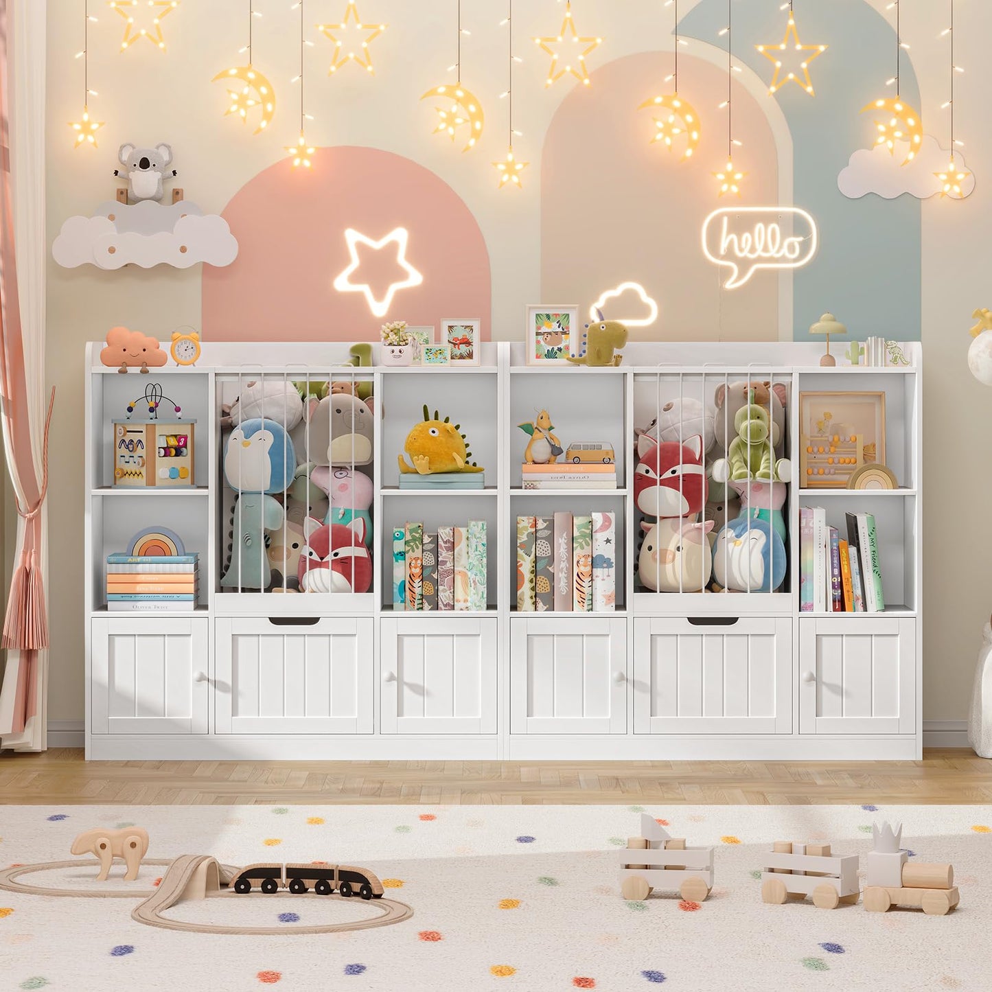 Vabches Toy Storage Organizer, Toddler Stuffed Animal Zoo with Drawer and Doors, Multi-Functional Kids Bookshelf Floor Storage Chest with 4 Storage Cubbies for Playroom, Kids Room, White