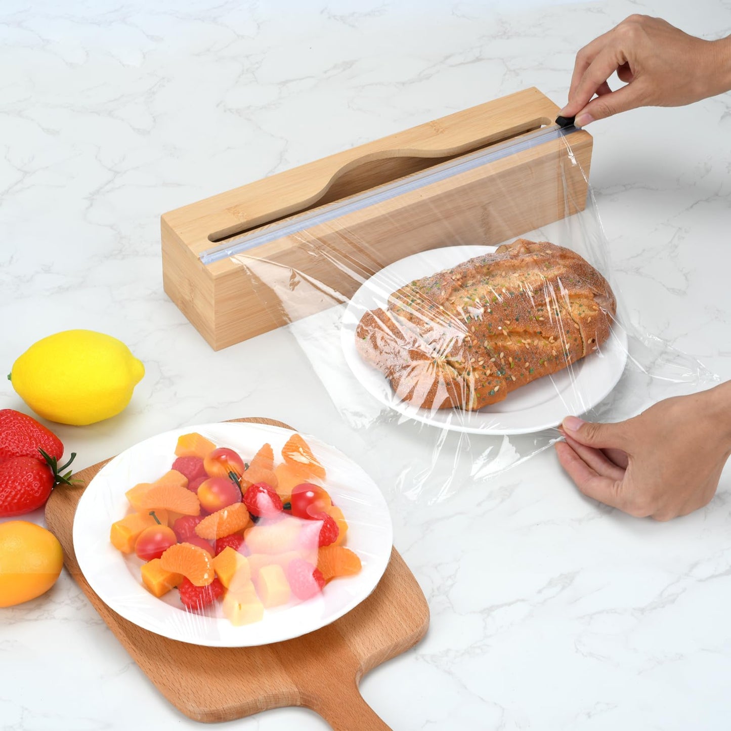Plastic Wrap Dispenser with Cutter,Cling Wrap with Slide Cutter for Kitchen Storage Organization Holder for 12" Roll