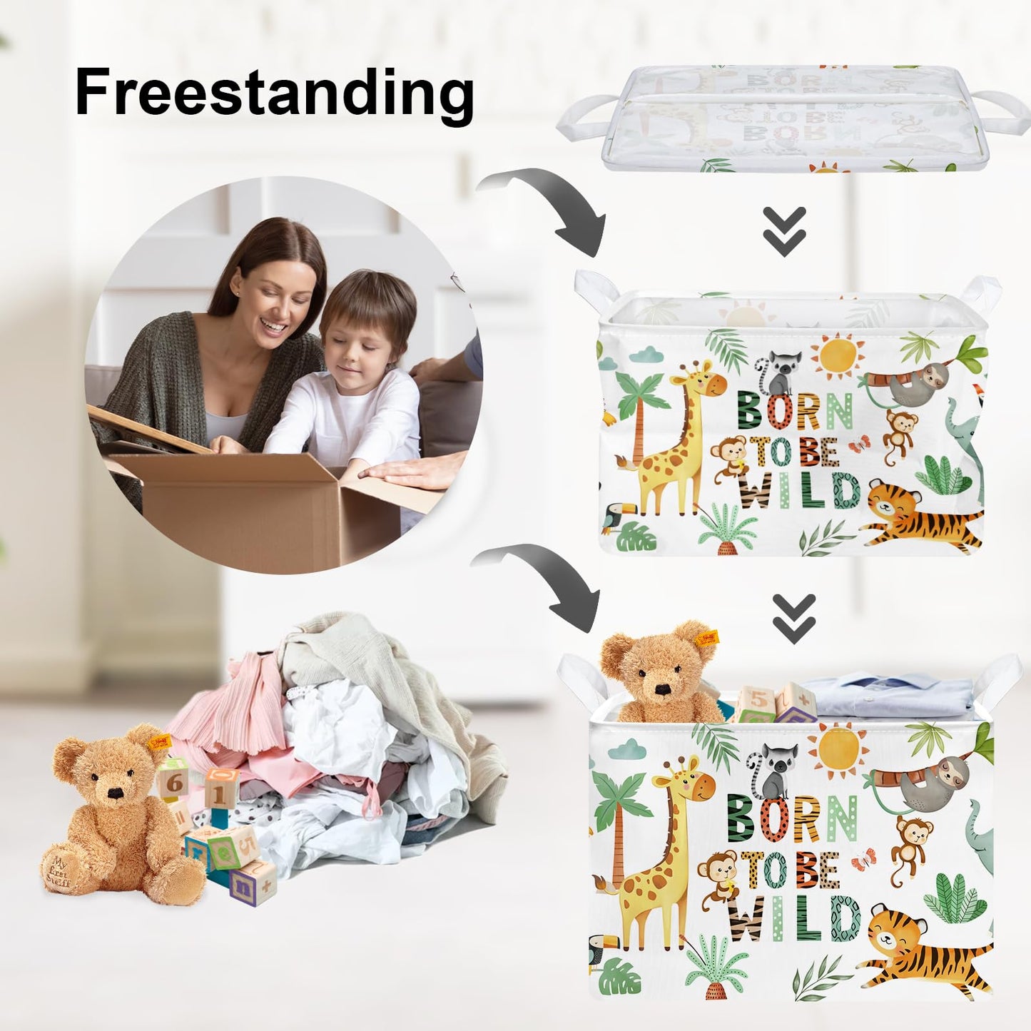 Clastyle 36L Boho Tropical Animal Tree Elephant Kid Storage Basket Rectangle Giraffe Lion Tiger Clothes Toy Nursery Bin Book Shelf Basket