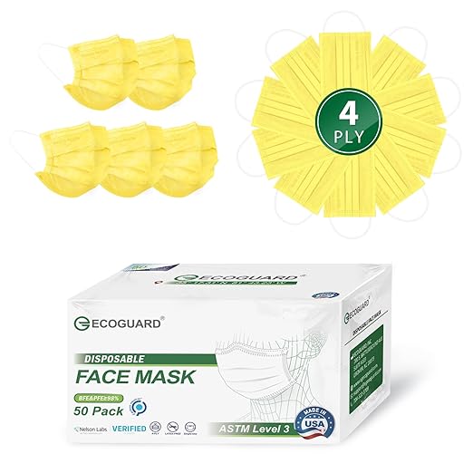 Disposable Face Masks Made in USA, 4 Ply for Families, Students, Breathable All-Day Wear & Safety, FSA HSA Eligible, ASTM Level 3 Medical Grade, 50 Pack, Bright Yellow