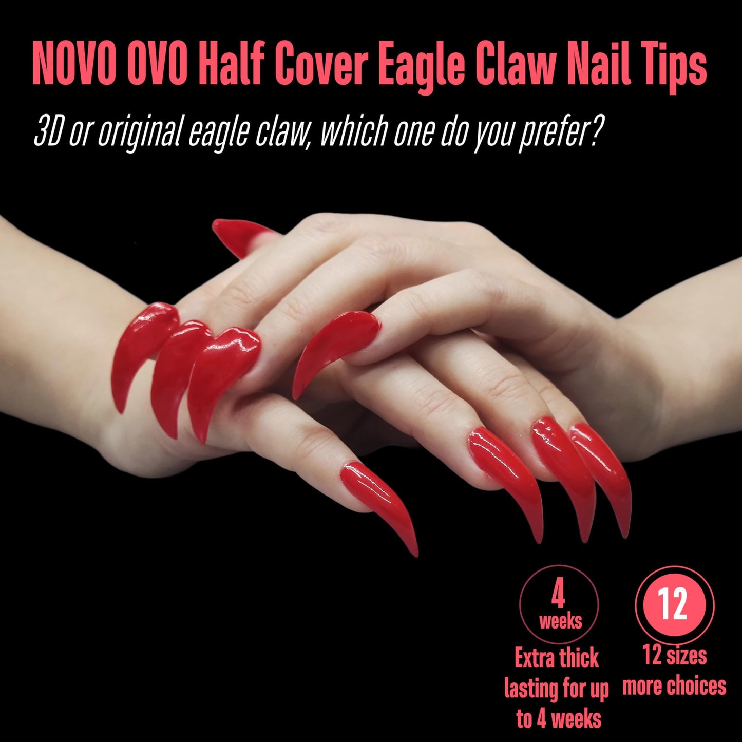 NOVO OVO Halloween Nail Tips Curved Stiletto, Clear Gel x Extension kit Half Cover Press on 3D Eagle Claw nails, Thick Extra Hawk Deep Curve Almond French Tips Soft False Acrylic Nail 504pc 12 Size