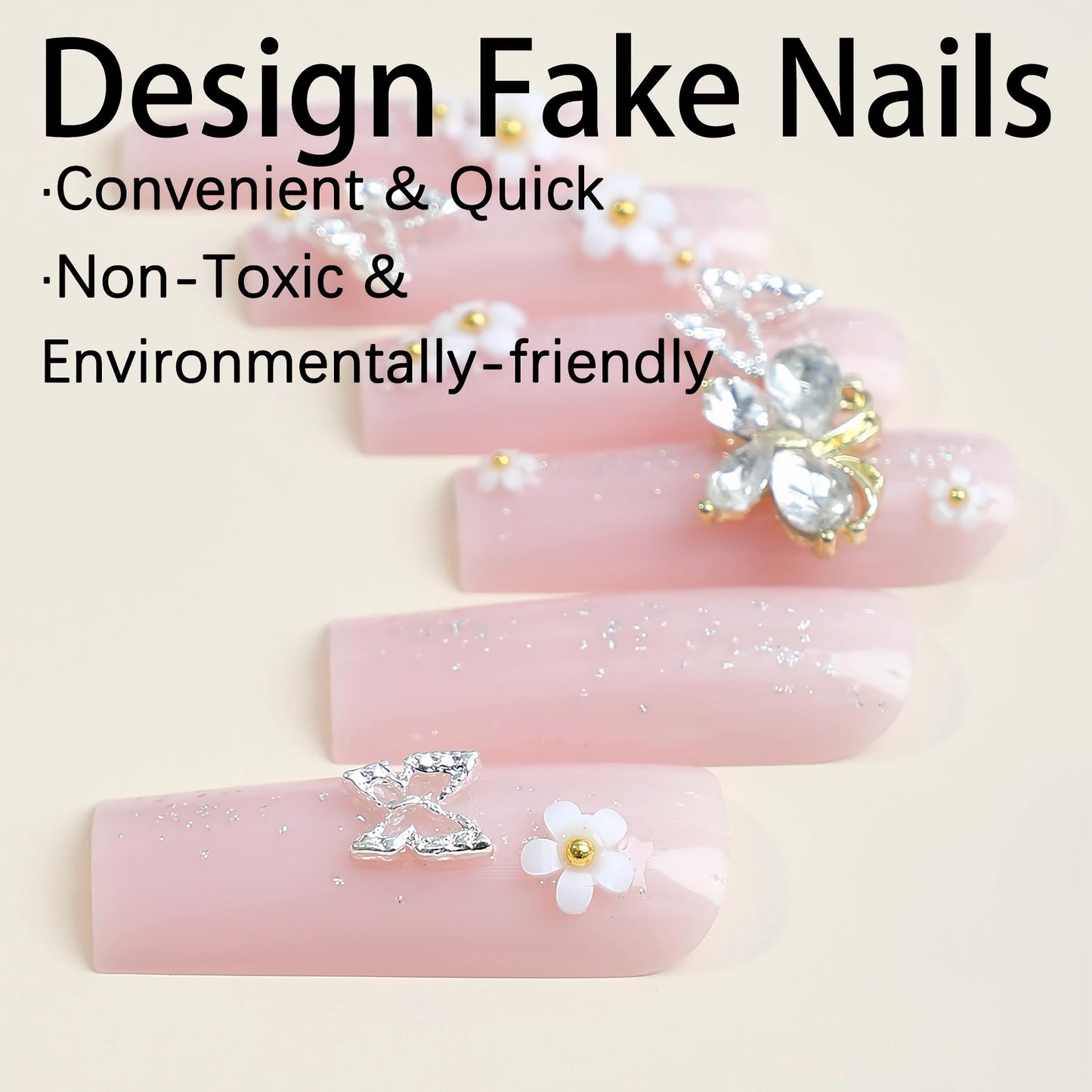 BABALAL Long Square Press on Nails - Pink Acrylic Glue on Nails with 3D Butterfly Flower Charms, Glitter Manicure Artificial False Nails for Women & Girls 24pcs