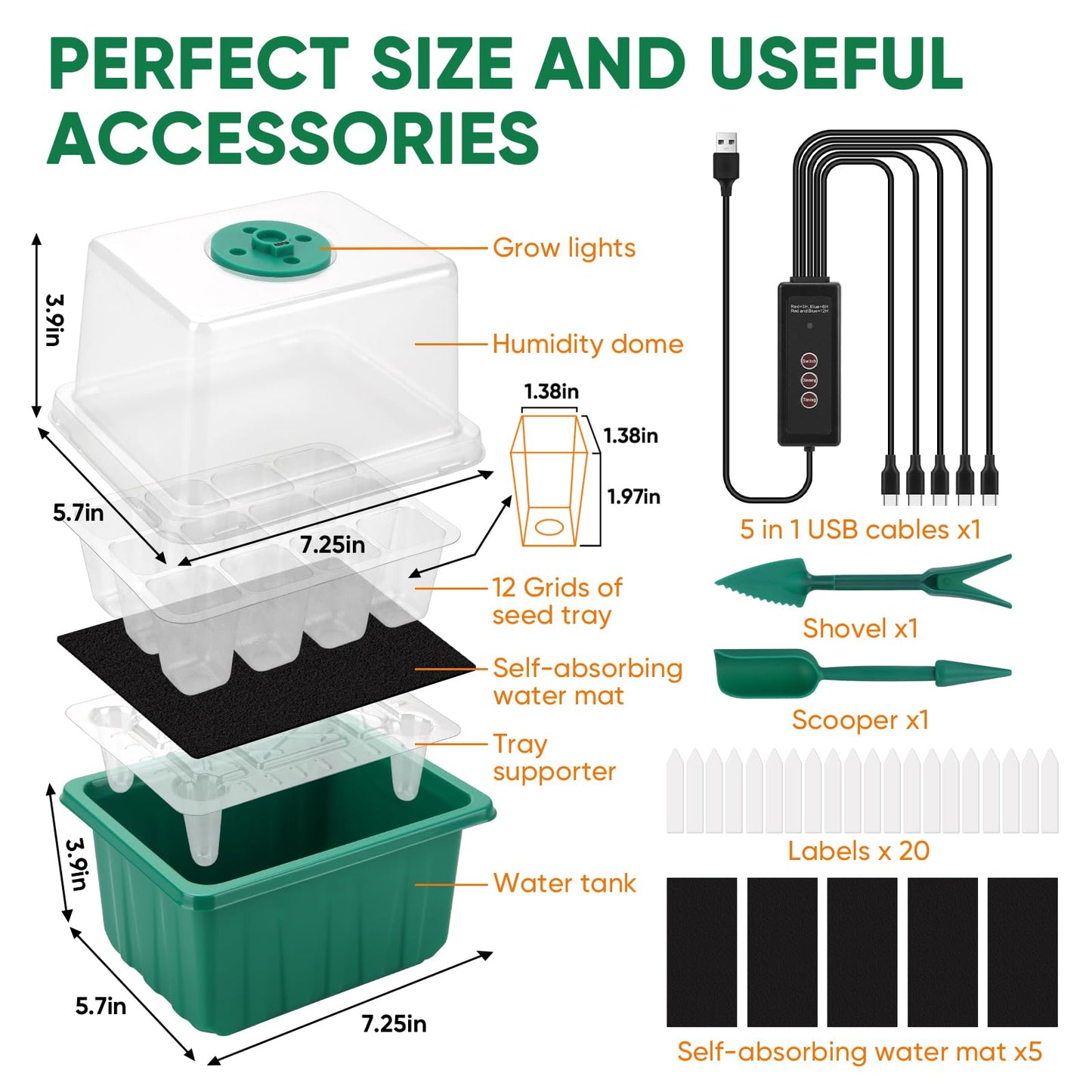 BlumWay Self-Watering Seed Starter Tray Kit with Grow Light and Humidity Dome,3 Color Growing Light,5-Pack 60-Cell Plant Seedling Tray,Reusable Plastic Germination Trays,Timed Light Plant Starter Set