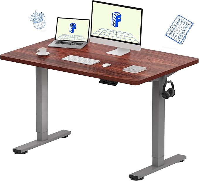 FLEXISPOT EN1 Whole-Piece Standing Desk, 48 x 30 Inches Electric Adjustable Desk for Home Office (Silver Frame + 48 in Mahogany Top, 2 Packages)