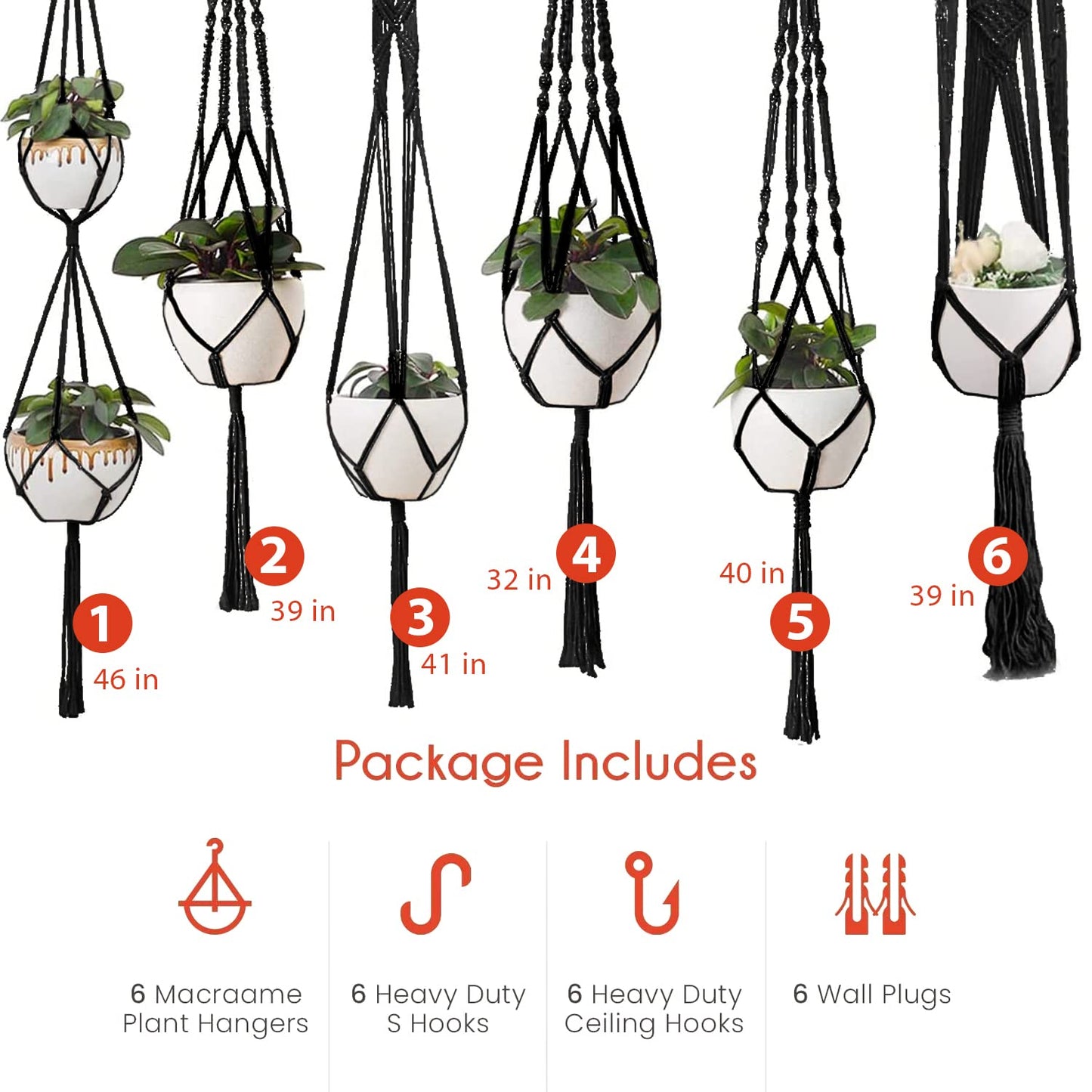 Feedee Macrame Plant Hangers - 6 Pack, Black, Indoor/Outdoor, Cotton