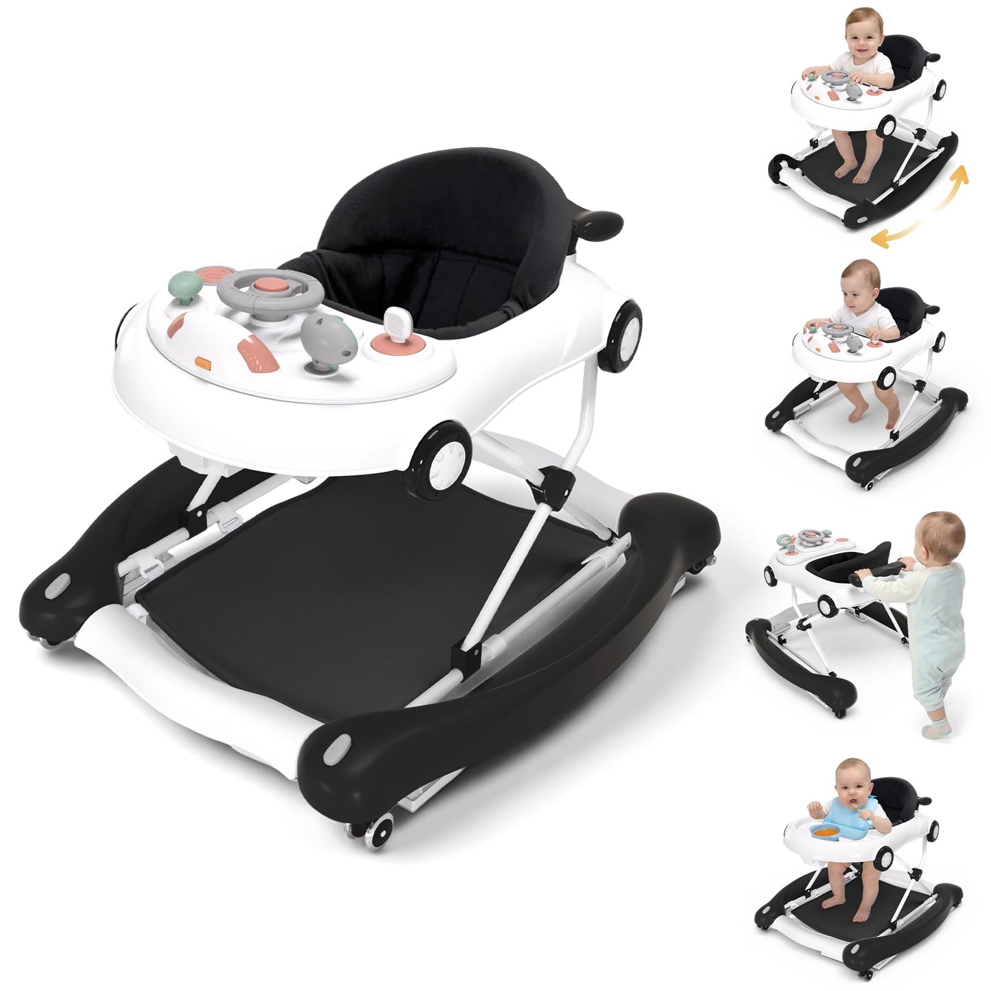 Baby Walker, 5-in-1 Baby Walker for Boys and Girls with Bouncer, Removable Footrest, Music, Foldable & Adjustable Speed Wheels Activity Walker for 6-18 Months Toddler Infant(Black)