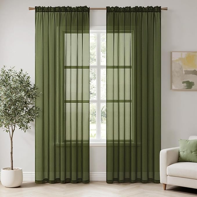 MIULEE 2 Panels Solid Color Sheer Window Curtains Elegant Window Voile Panels/Drapes/Treatment for Bedroom Living Room (54X90 Inches Olive Green)