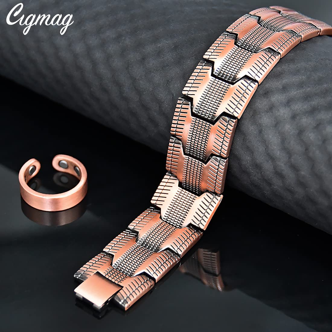 Cigmag 3X Copper Bracelet for Men Triple Ultra Strength Magnets Pure Copper Magnetic Bracelet & Ring Set with Adjustable Sizing Tool