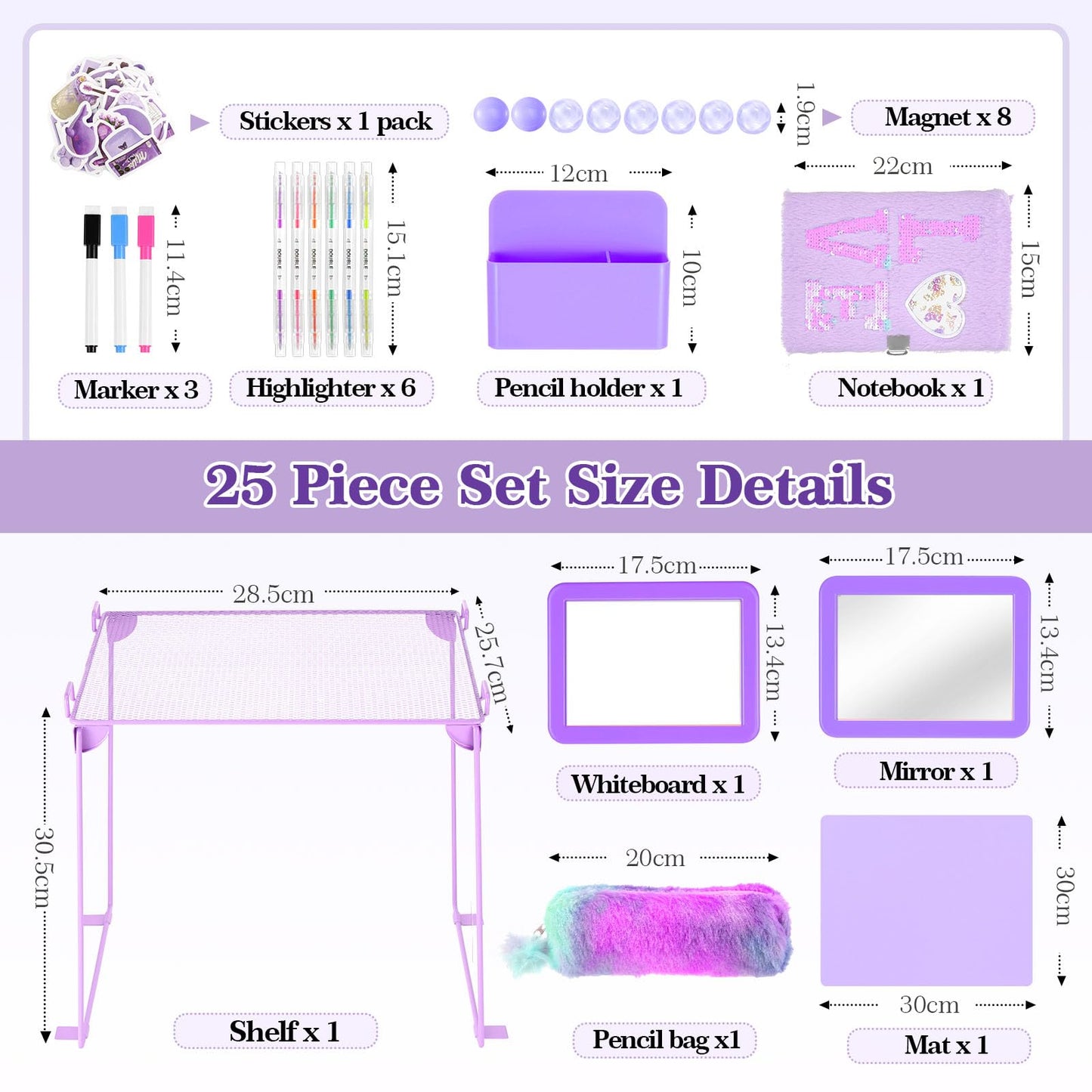 25PCS Locker Organizer Accessories, Purple Locker Accessories Kit, Girls Lockers Decorations, Magnetic Locker Accessories Set, Locker Decor, Back to School Essentials, with Locker Shelf, etc.