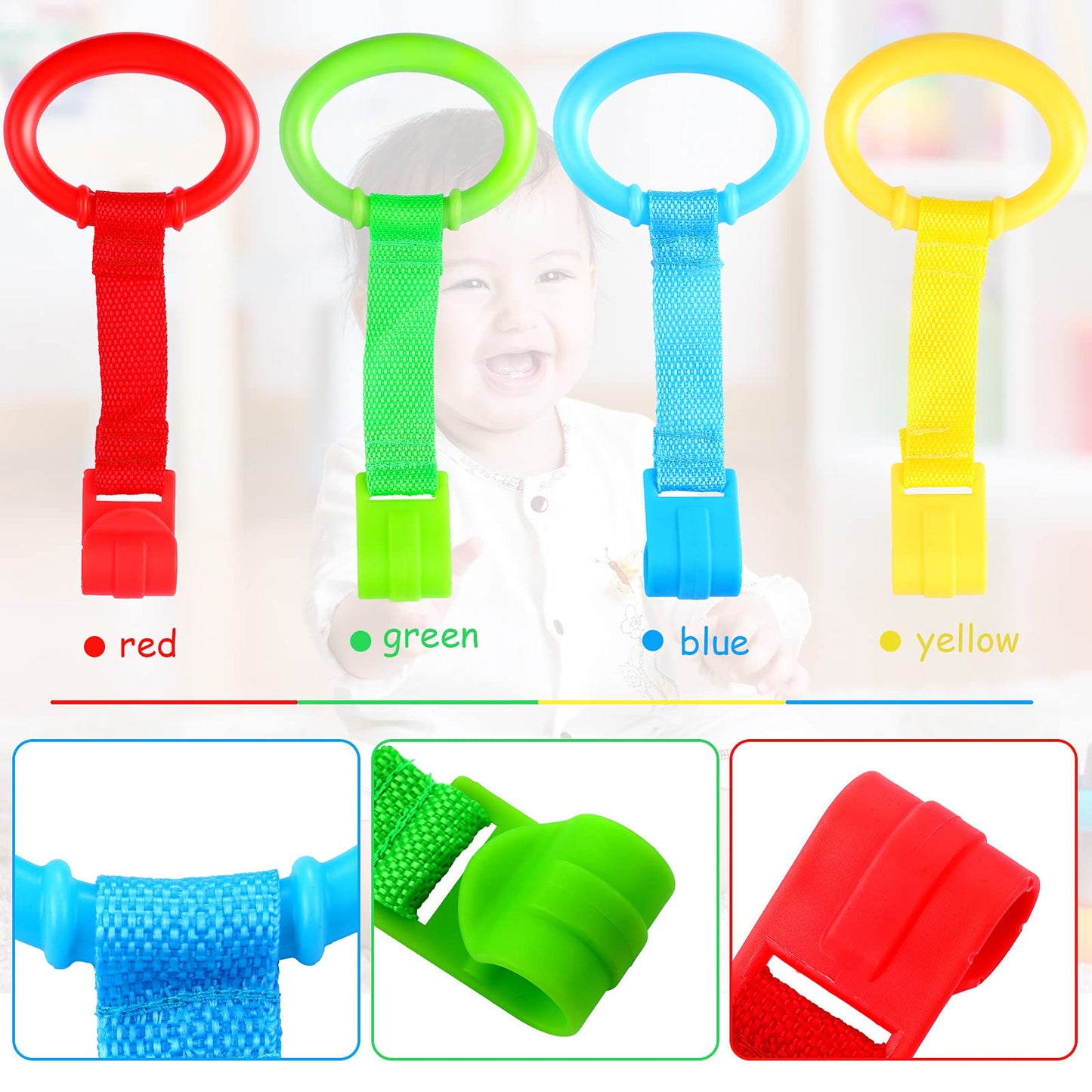 Sumind 8 Pieces Baby Pull up Rings for Playpen Baby Crib Pull Ring Baby Walking Exercises Assistant Bed Stand up Hanging Tool for Infant Toddler Practice