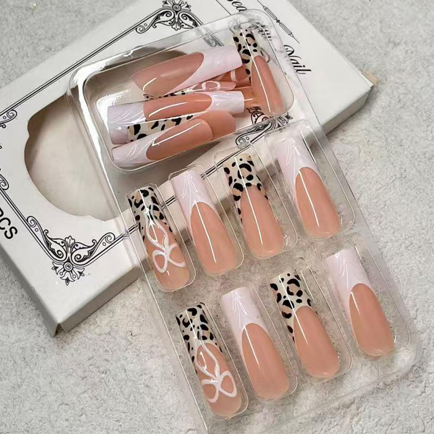 Jremg Leopard Print French Tip Press on Nails Long Square Fake Nails with Designs Glossy 3D White French Coffin False Nails Cute White Bow Glue on Nails Reusable Acrylic Stick on Nails for Women 24Pcs