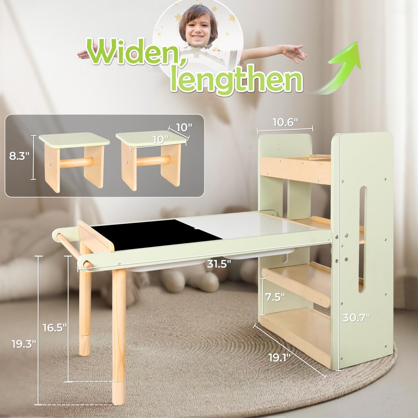 LOL-FUN Kids Sensory Art Table and Chairs Set with Storage Bins & Shelves, Toddlers Activity Table for Ages 3-8 Preschool Sand and Water Play, Drawing Desk with Blackboard Whiteboard