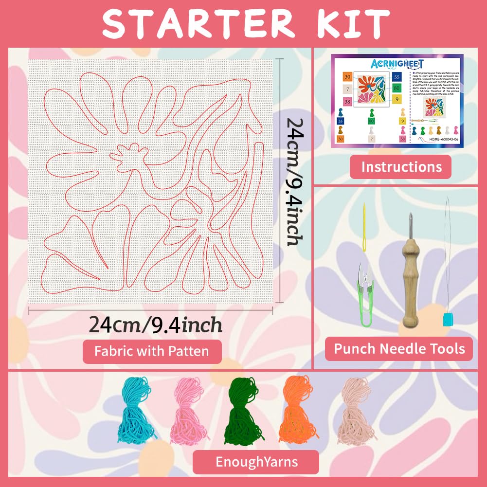 ACRNIGHEET Punch Needle Kits for Adults Beginners Include Instructions, Boho Flowers Punch Needle Embroidery Kit, Pre-Printed Pattern, Embroidery Hoop, Yarns, Needles, DIY Crafts Gifts Idea