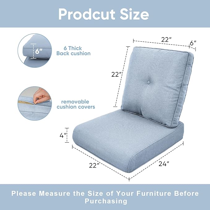 8-Piece Outdoor Patio Cushion Set - Fade & Water Resistant with Removable Olefin Cover, 22x24x4 Inch Memory Foam Cushions for Wicker Sectional Sofa – Baby Blue/Buckle