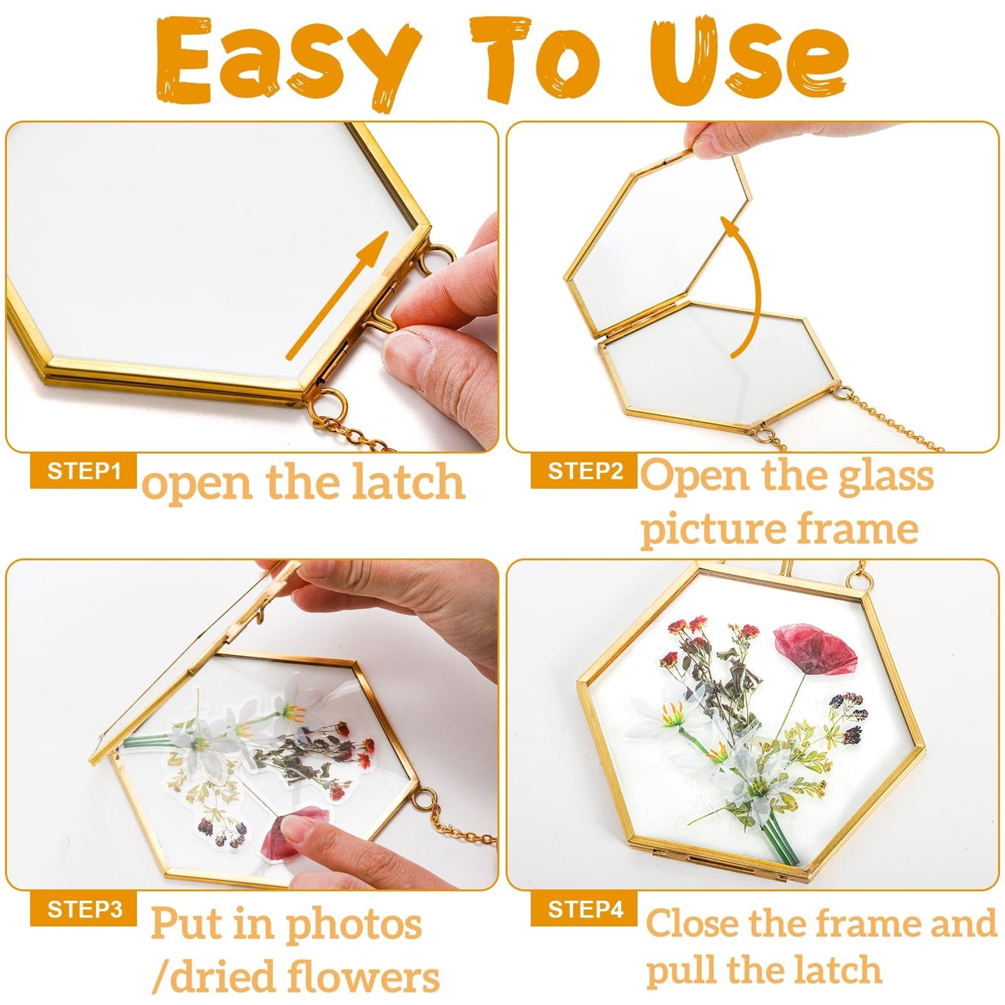 AVLA 3 Pack Pressed Flowers Glass Frames, Brass Hanging Picture Frames with Chain, Small Golden Floating Photo Frame, Clear DIY Artwork Display Frame for Wall Decor, Dried Plant Specimen
