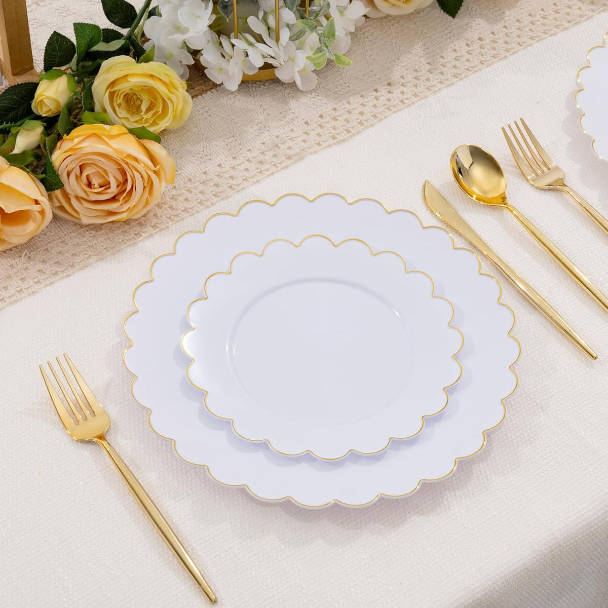 LIYH 120 Pcs White Plastic Plates Wedding Plates Disposable Heavy Duty Scalloped Plastic Plate Includes: 60 Dinner 10.25" & 60 Dessert Plate 7.5" Elegant Gold Rim Suitable for Bridal Shower Party