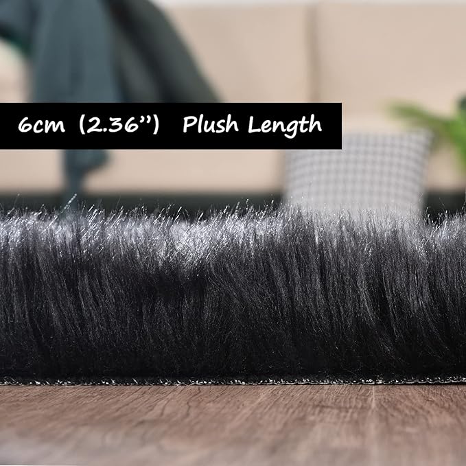 Goolela Black Fluffy Runner Rug 2x6 for Bedroom Faux Sheepksin Fur Fuzzy Furry Bedside Rug Shaggy Plush Soft Sheepskin