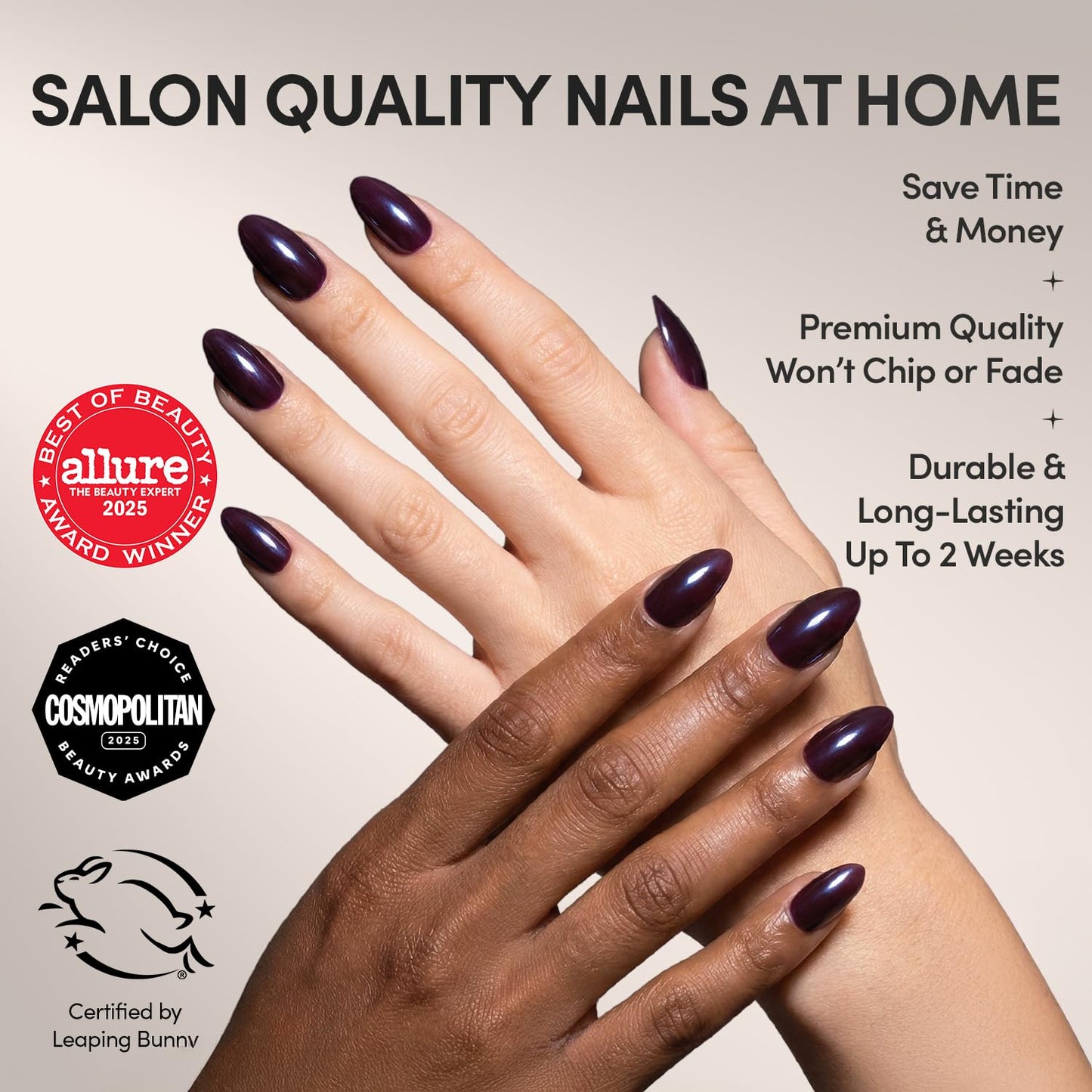 Glamnetic Press On Nails - Burgundy Chrome | Short Almond Fake Nails with a Metallic Chrome Finish, Salon Quality Halloween Nails | 15 Sizes - 30 Nail Kit with Glue
